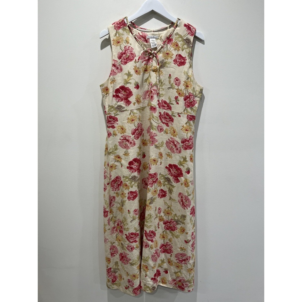 Floral Linen Blend Dress Womens XL Cottagecore Prairie‎ Lined Romantic Feminine